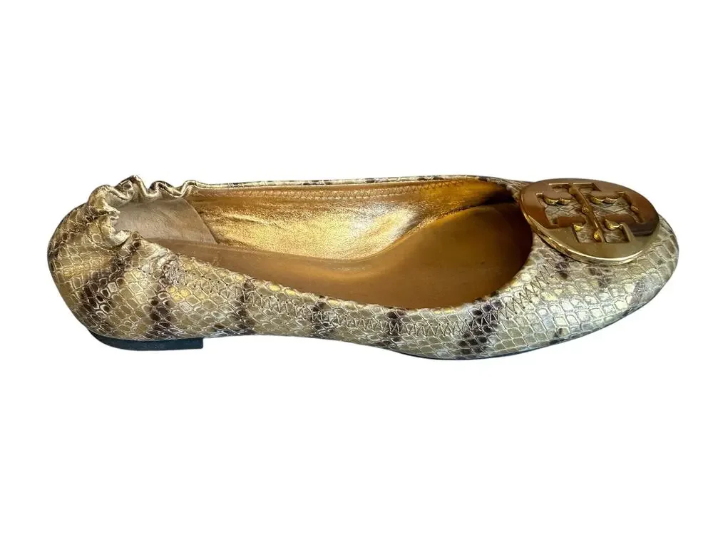 Tory Burch Reva Snake Python Print Ballet Flats Metallic Gold  7